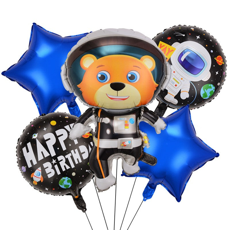 Set 5 baloane din folie metalizata HAPPY BIRTHDAY, ANGELBEAR, Figurina Model Ursuletul Spatial, Stelute Albastre, Adeziv si pai incluse, 78 x 45cm, Multicolor